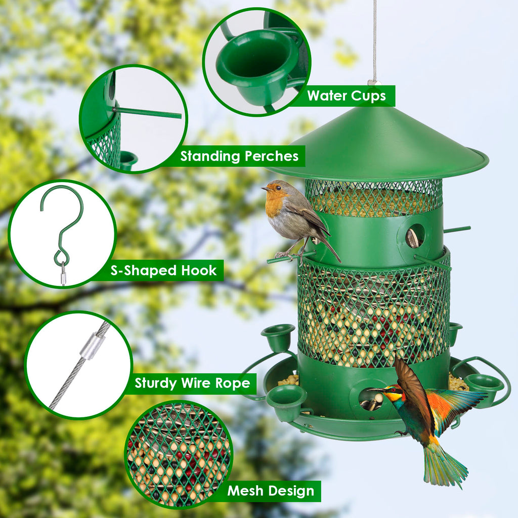 Comedero para pájaros silvestres - Comedero de metal a prueba de ardillas con perchas de 360° y bebederos