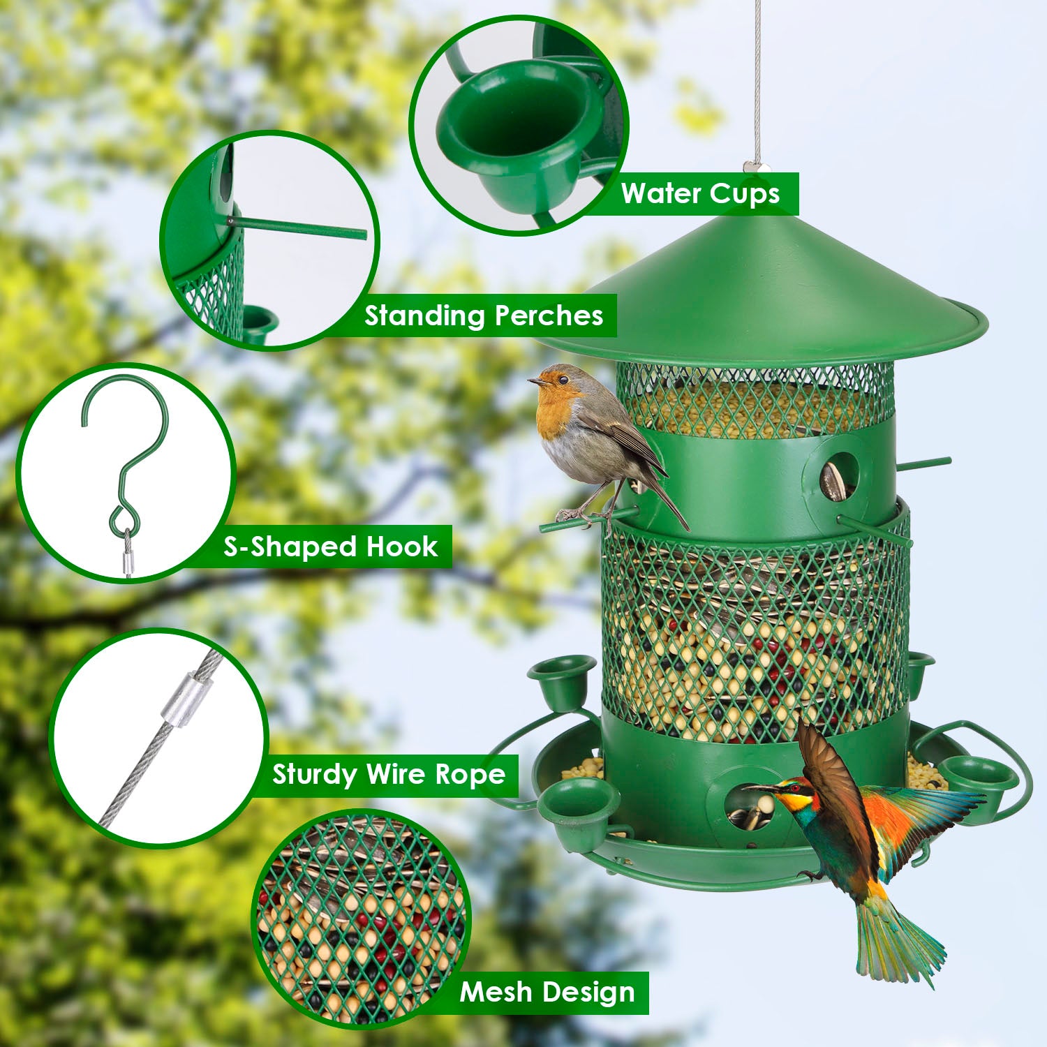 Comedero para pájaros silvestres - Comedero de metal a prueba de ardillas con perchas de 360° y bebederos