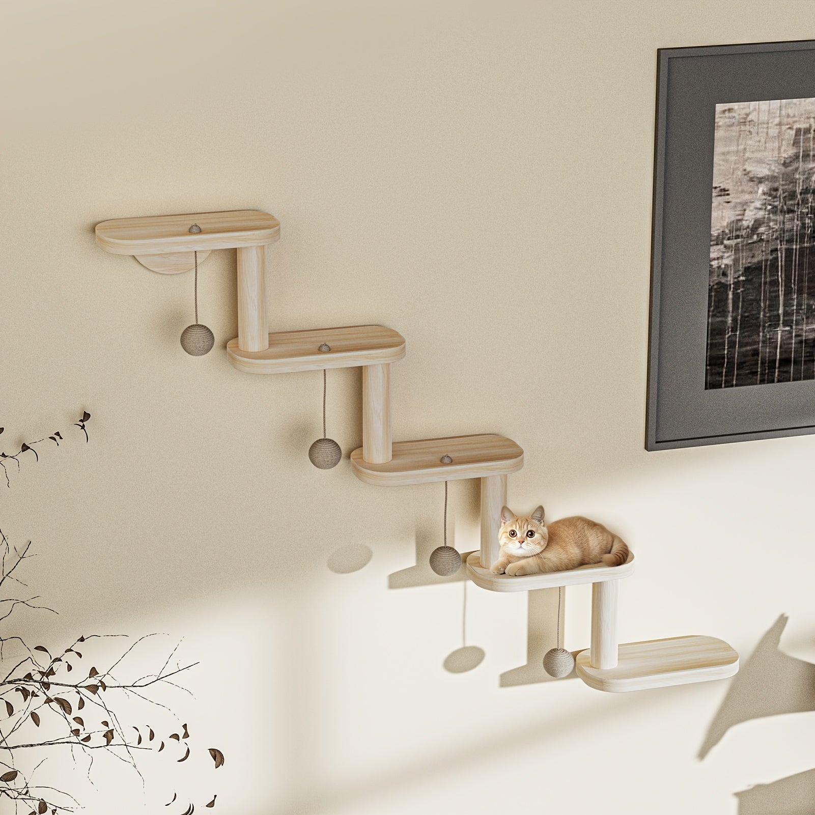 DIY Modular Cat Climbing Wall with 4 Balls - Multi-Level Wooden Wall-Mounted System