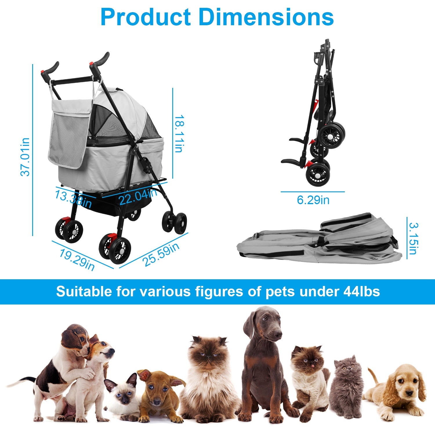 Pet Stroller 4-Wheel Foldable - Dog & Cat Carrier for Travel & Vet Visits