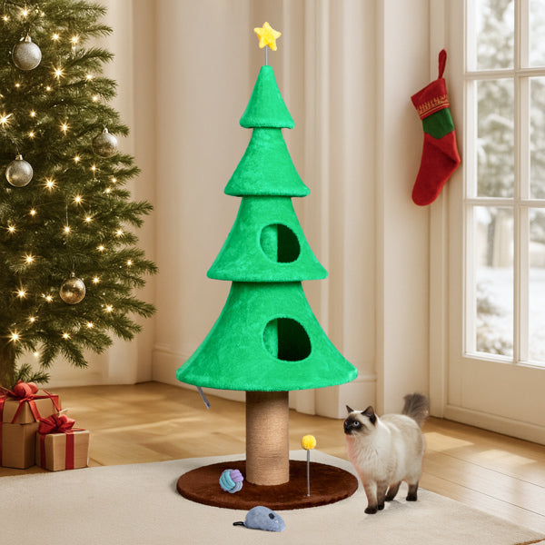 59" Large Cat Tower Tree - Christmas Tree Design with 2 Condos & Scratching Posts