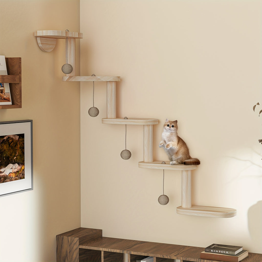 Muro modular para trepar gatos con 4 pelotas - Sistema de madera de varios niveles montado en la pared