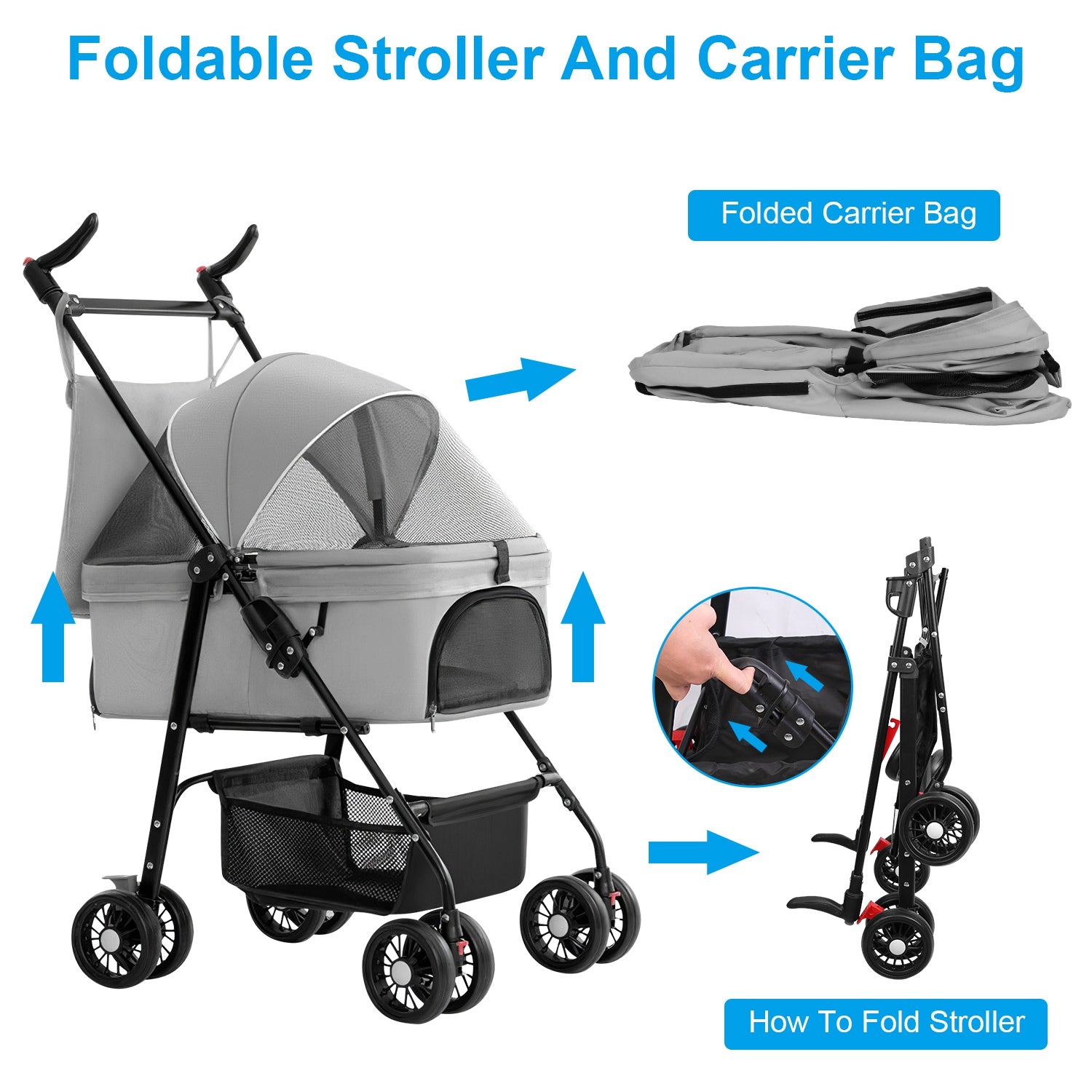 Pet Stroller 4-Wheel Foldable - Dog & Cat Carrier for Travel & Vet Visits