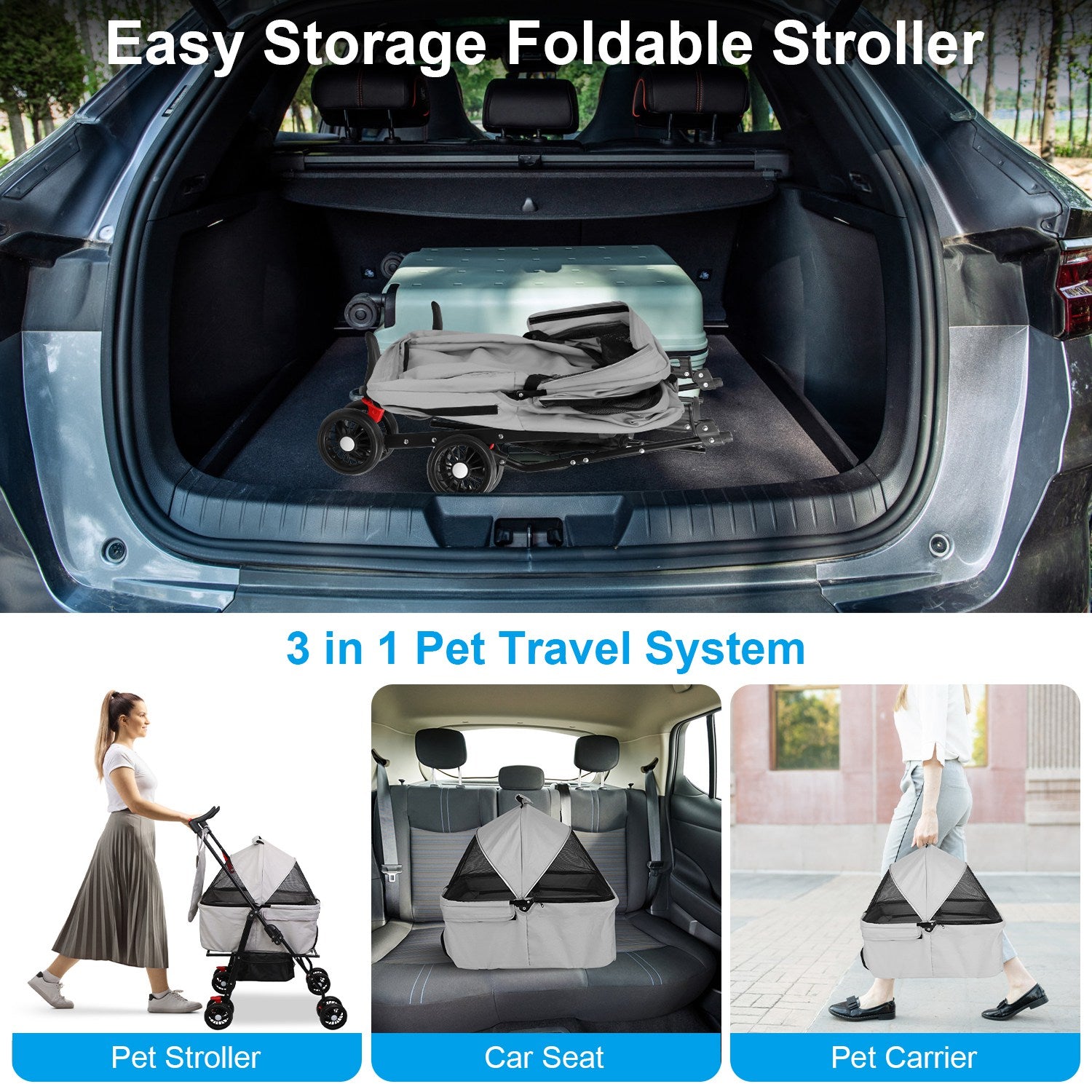 Pet Stroller 4-Wheel Foldable - Dog & Cat Carrier for Travel & Vet Visits