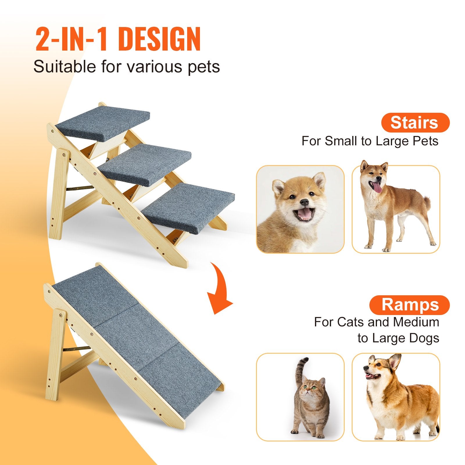 Wooden Dog Stairs & Ramp 2-in-1 - Your Dog Climbs Safely (Supports 150 lbs!)
