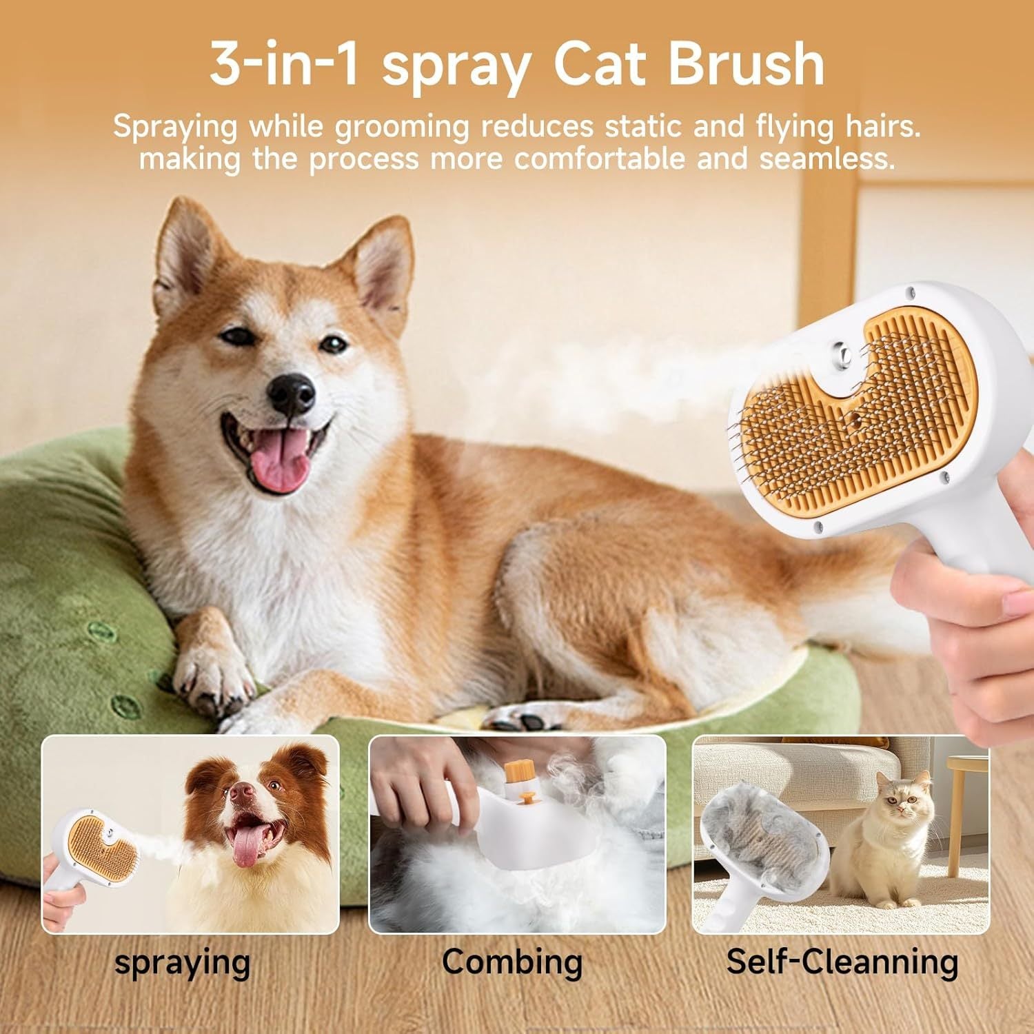3-in-1 Pet Steam Brush - Spray Hair Removal Comb with Waterless Shampoo