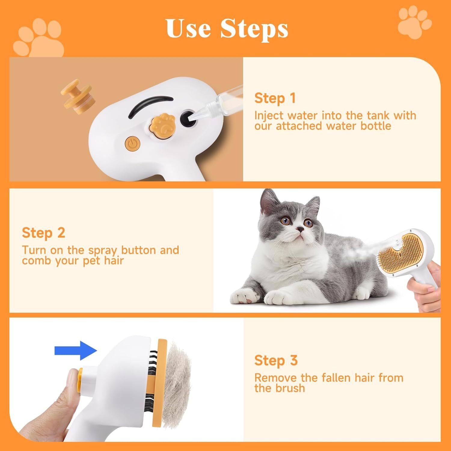 3-in-1 Pet Steam Brush - Spray Hair Removal Comb with Waterless Shampoo