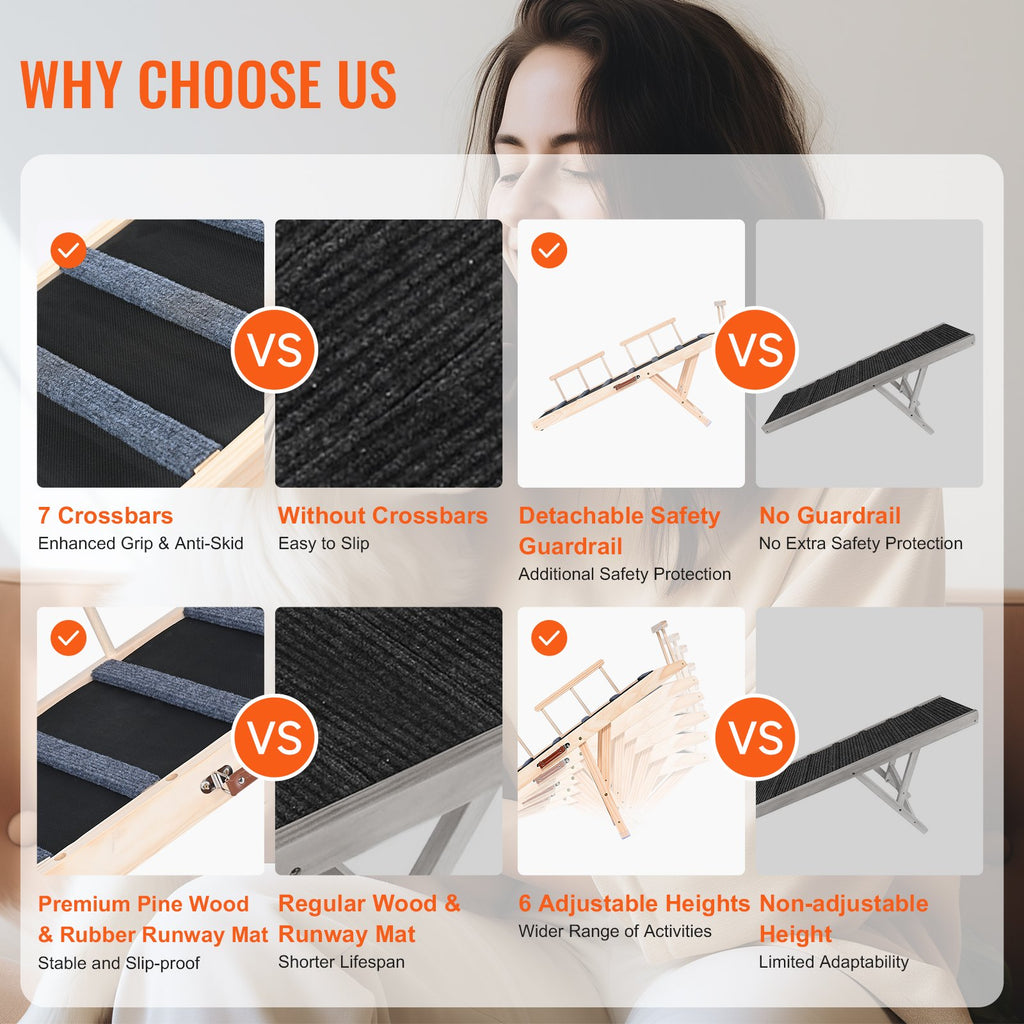 Adjustable Dog Ramp 47in for Senior Dogs - Non-Slip Wood Bed & Car Ramp