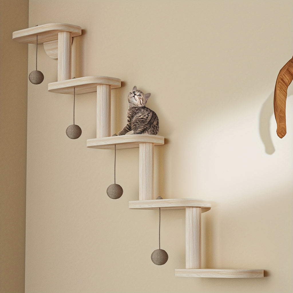 Muro modular para trepar gatos con 4 pelotas - Sistema de madera de varios niveles montado en la pared