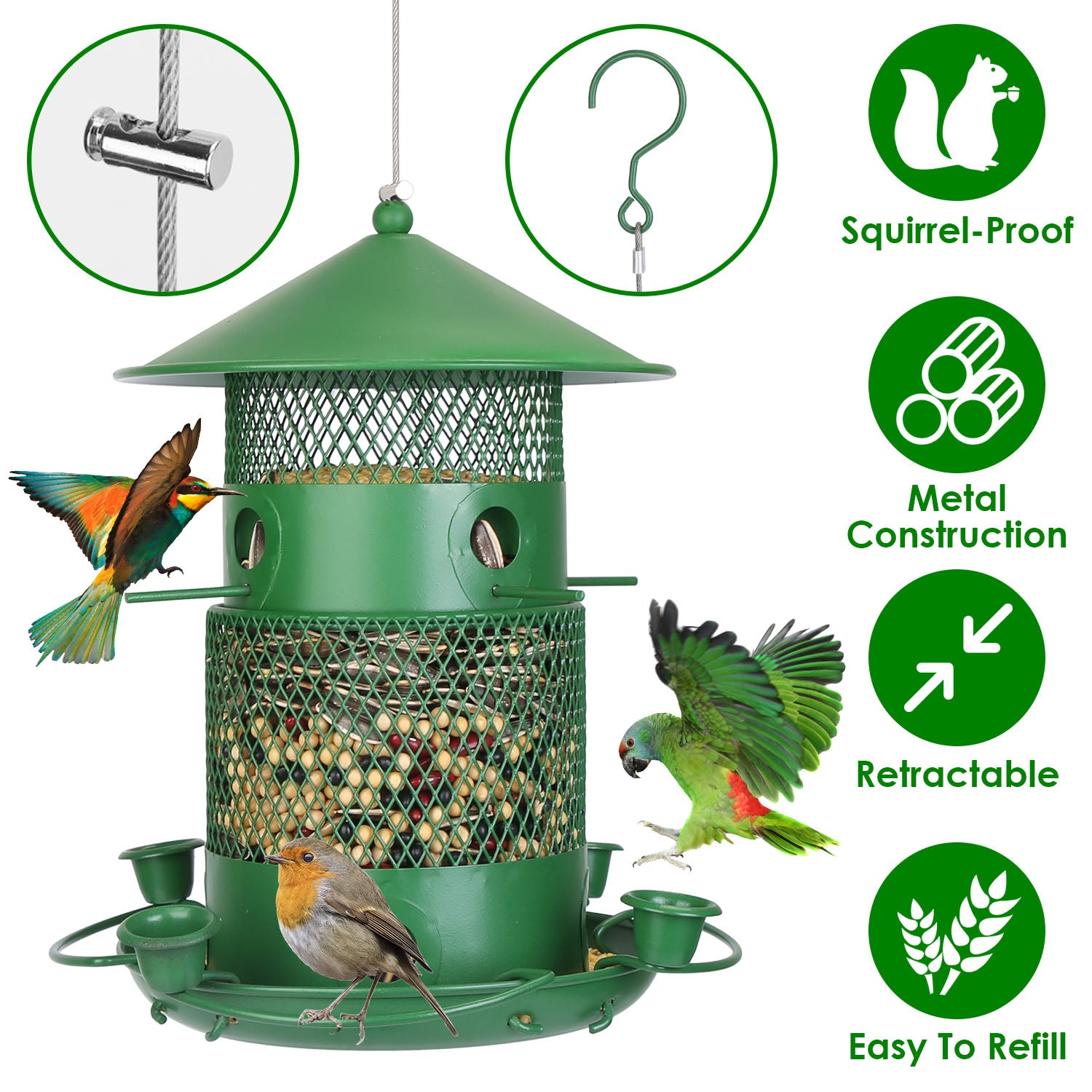 Wild Bird Feeder - Squirrel-Proof Metal Feeder with 360° Perches & Water Cups
