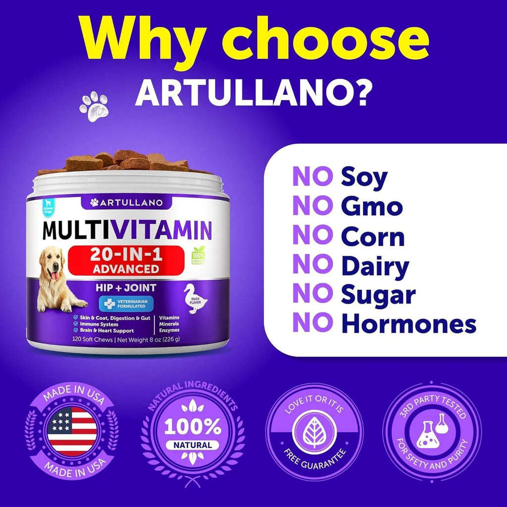 Dog Multivitamin 20-in-1 with Glucosamine - Complete Health for Puppies & Seniors (120 Chews!)