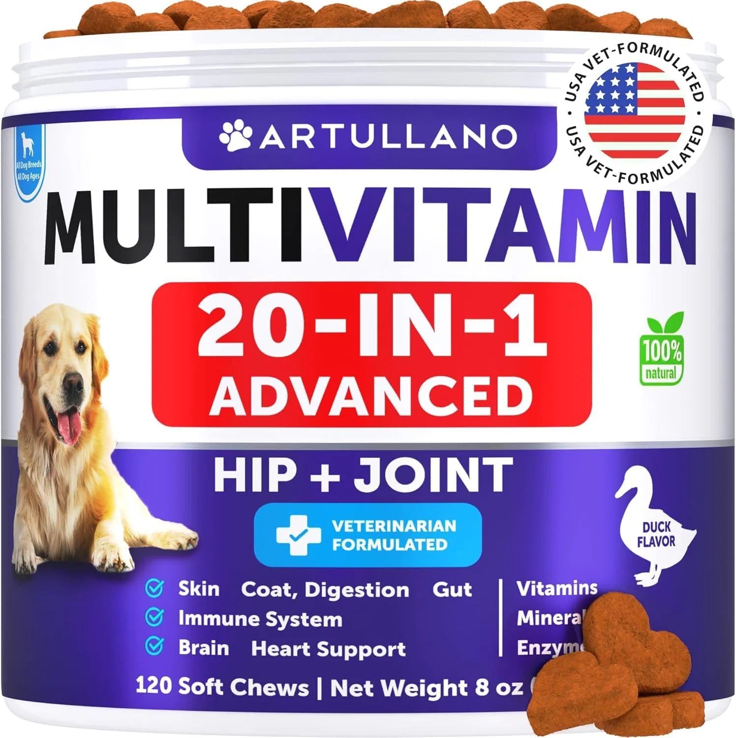 Dog Multivitamin 20-in-1 with Glucosamine - Complete Health for Puppies & Seniors (120 Chews!)