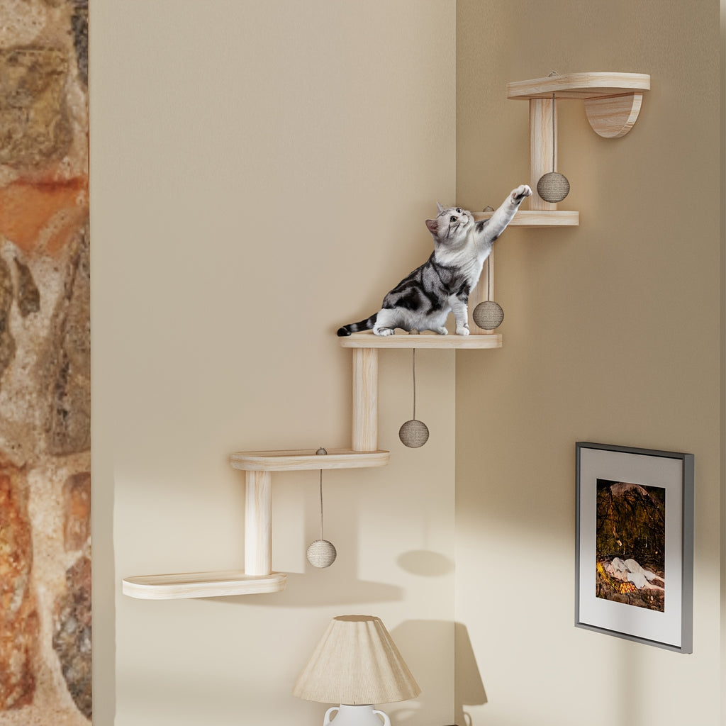 Muro modular para trepar gatos con 4 pelotas - Sistema de madera de varios niveles montado en la pared
