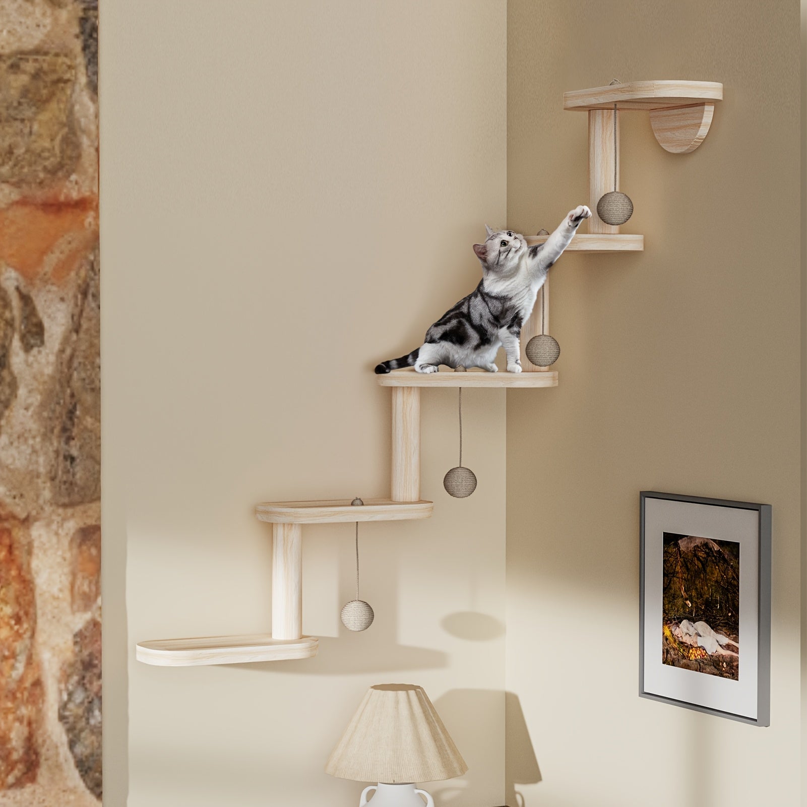 DIY Modular Cat Climbing Wall with 4 Balls - Multi-Level Wooden Wall-Mounted System