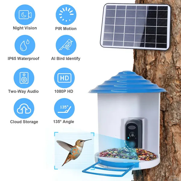 Comedero inteligente para pájaros con cámara solar - Identificación de aves por IA y video HD 1080P