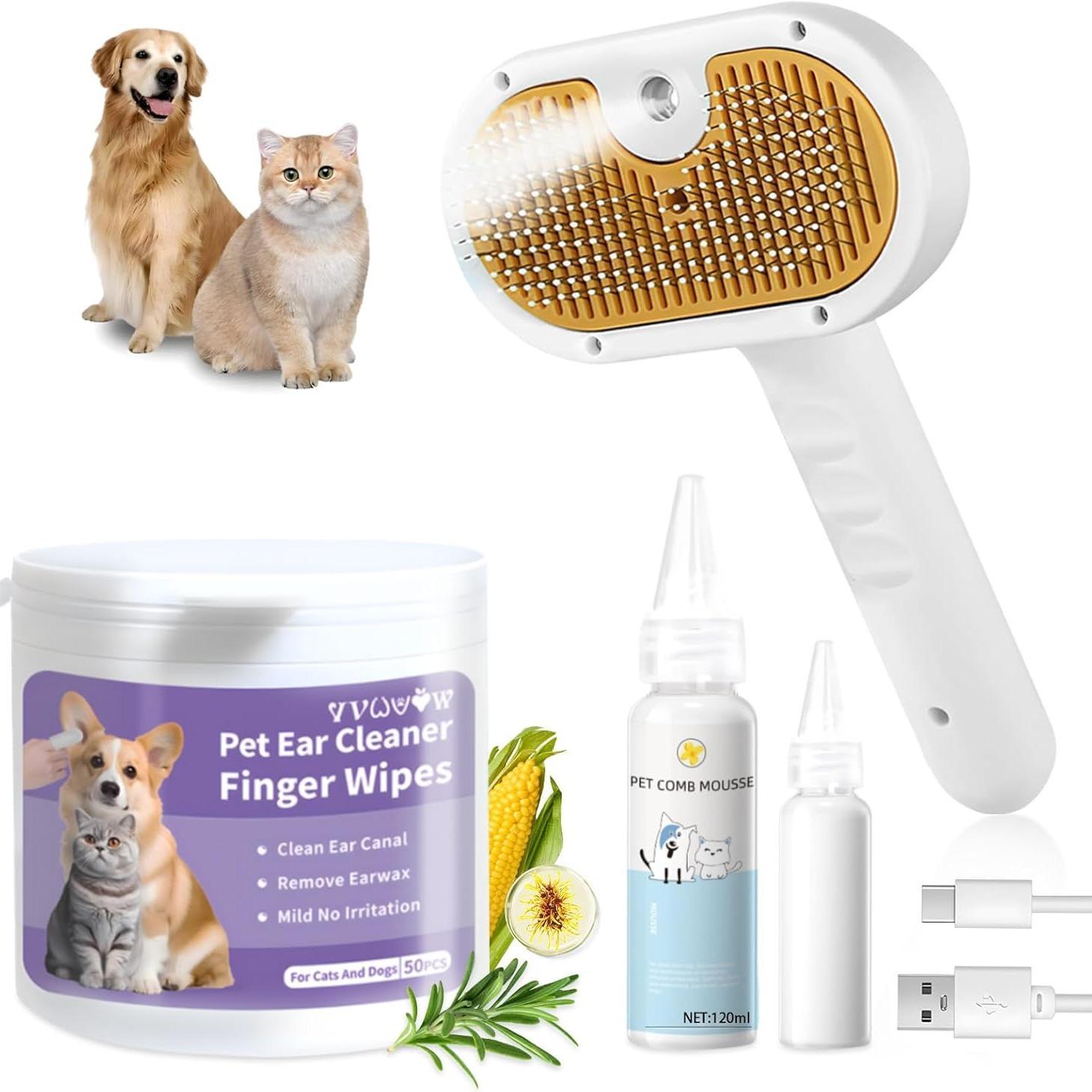 3-in-1 Pet Steam Brush - Spray Hair Removal Comb with Waterless Shampoo