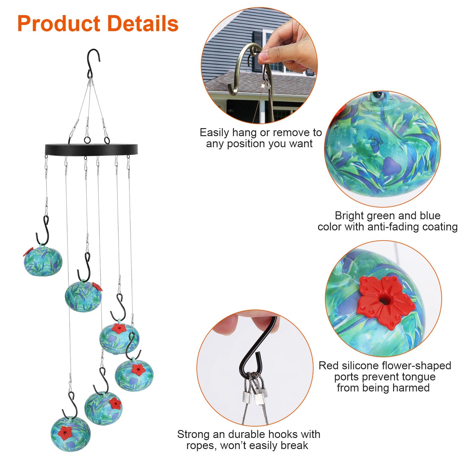 Wind Chimes Hummingbird Feeder - Ant & Bee Proof Outdoor Hanging Feeder